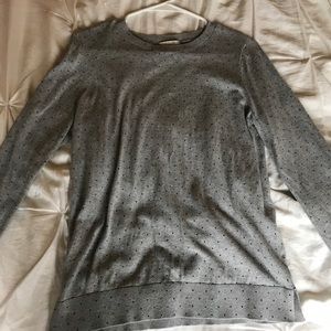Gray crew neck Loft sweater with black polka dots